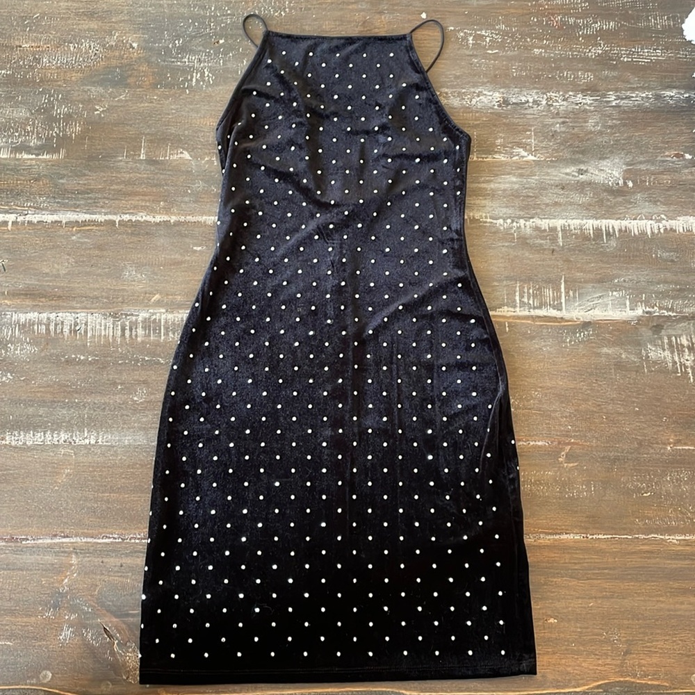 NWOT Black short fitted stretchy dress with rhinestones small